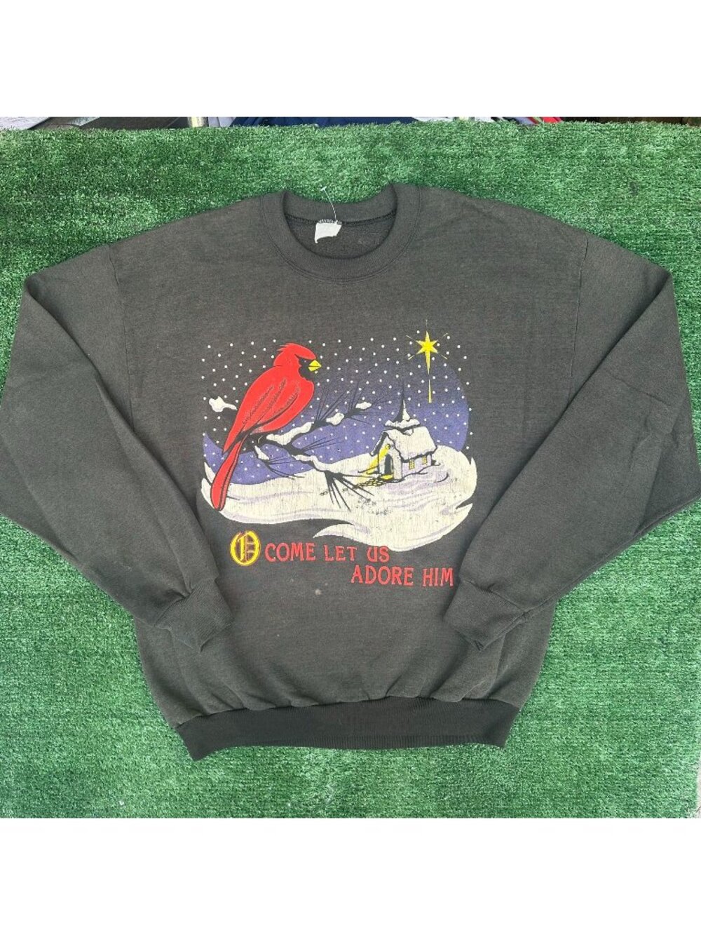 Vintage 80s Christmas Cardinal Sweatshirt Black Christian Religious Cottagecore